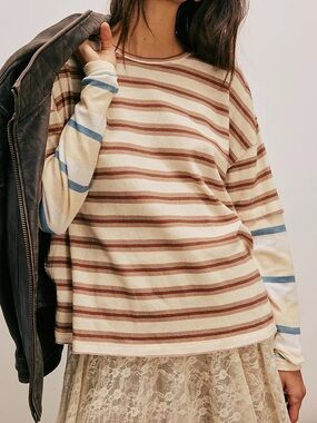 We The Free Nina Creme Red Blue Stripe Long Sleeve Tee Sz S Mixed Media Indie